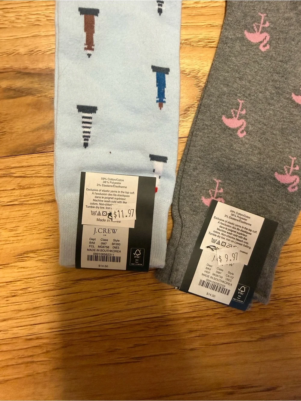 J. Crew Men's Light Blue Lighthouse & Charcoal Flamingo Crew Socks